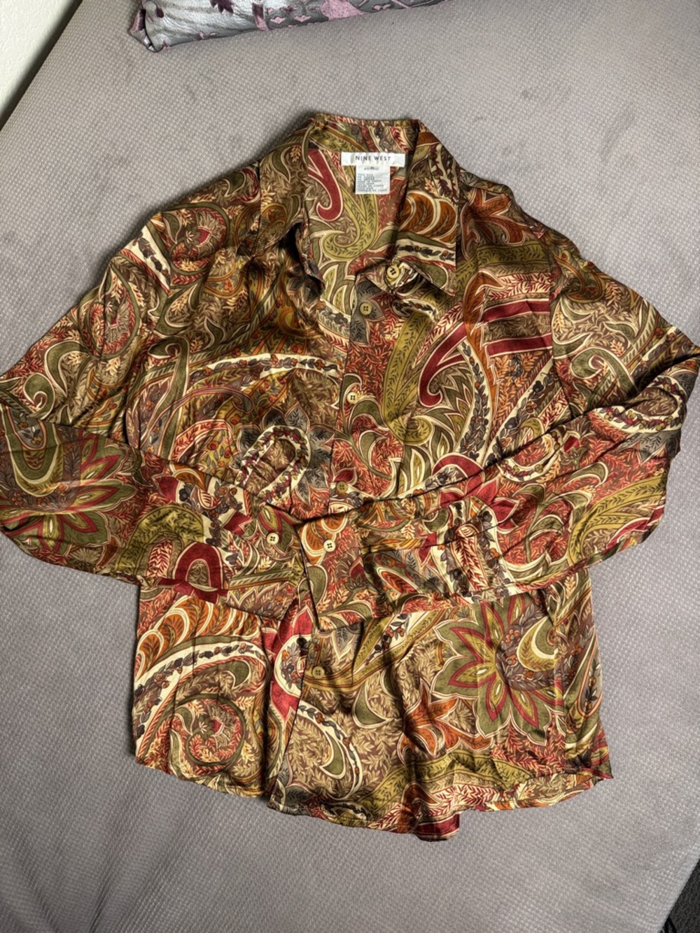 Nine West Vintage 100% Silk Women's Button Down Olive, Rust, and Brown Paisley